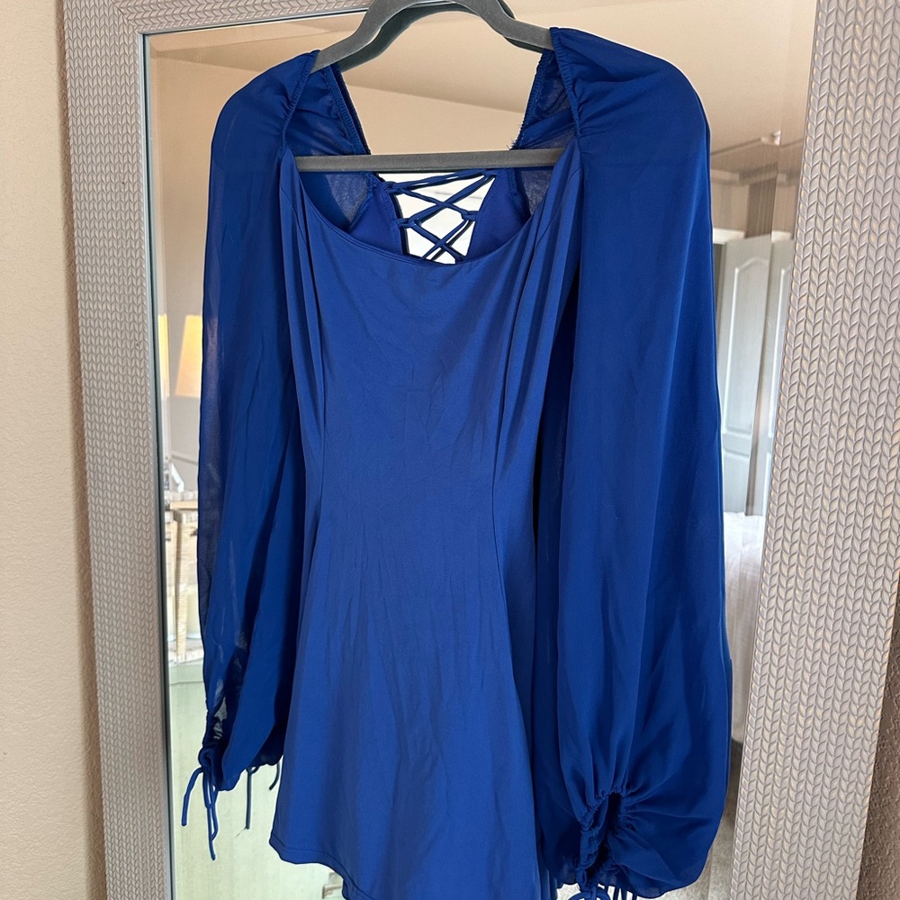Blue Long Sleeve Blouse with Lace-Up Back